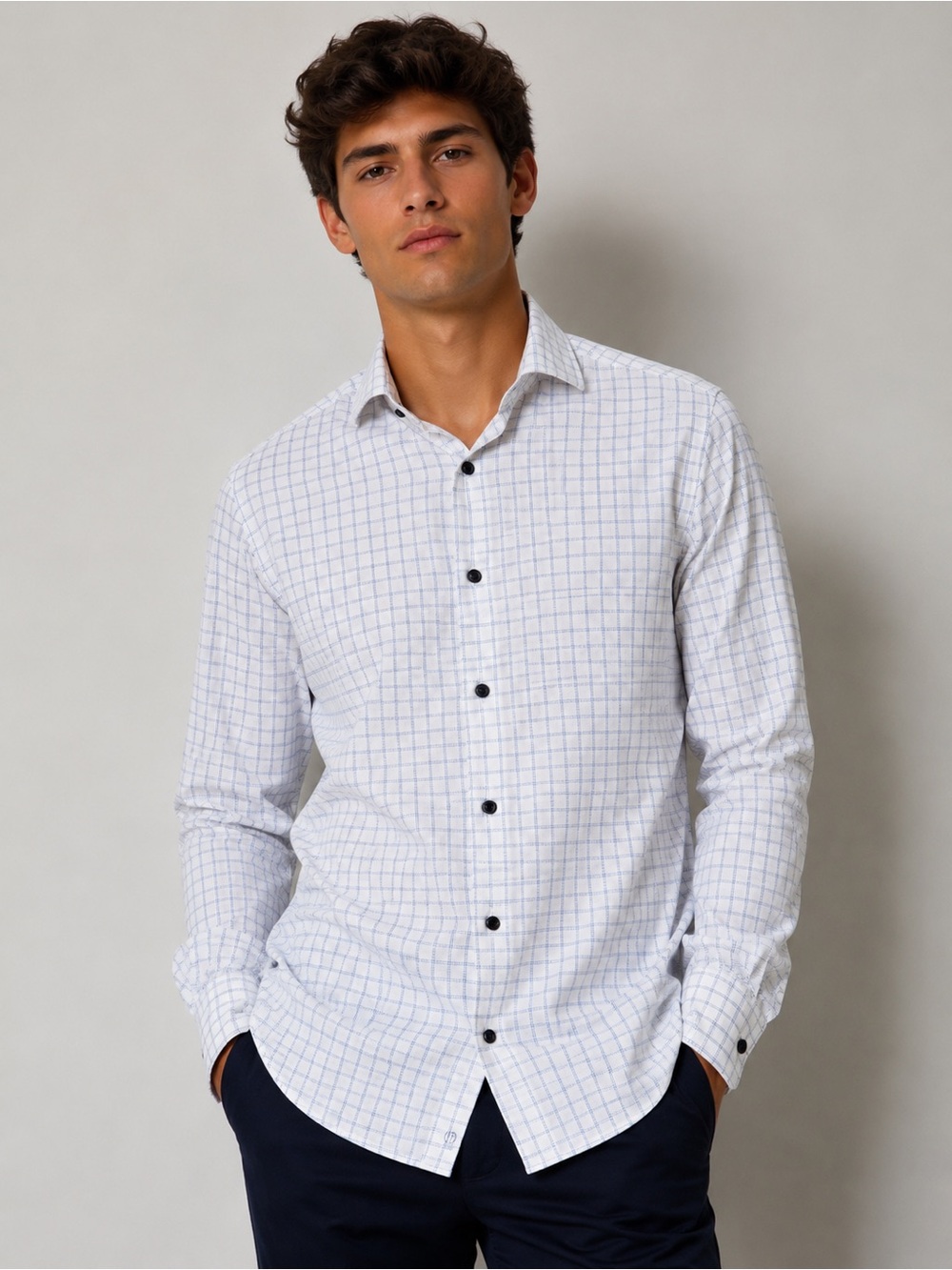 David‎ Donahue White Shirt with Light Blue Windowpane Check